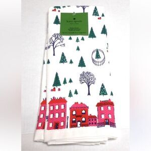 kate spade Christmas Town City Scapes White Pink Green Cotton Kitchen 2 Towel